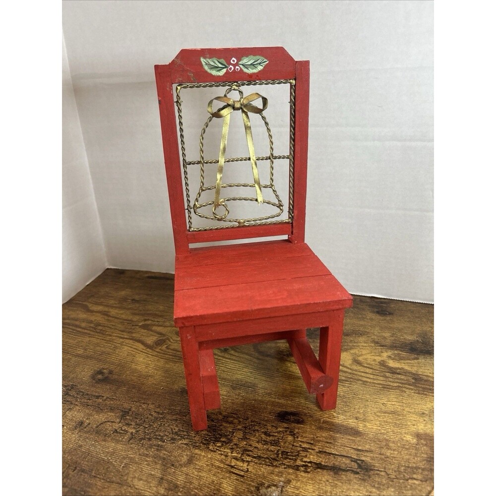 Vtg Red Wooden Christmas Chair Display Stand Bell Planter Holiday Decor Accent - Picture 12 of 12